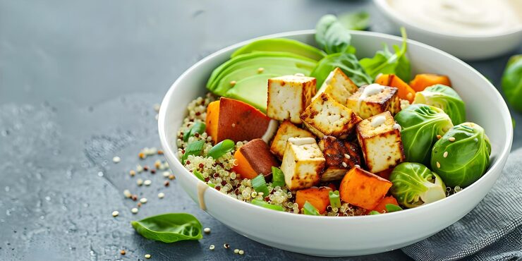 Rice bowl with tofu and vegetables